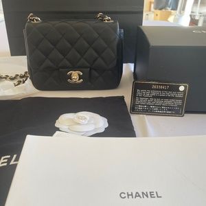 Chanel mini square caviar leather black bag 100% authentic guarantee
